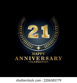 Template emblem 21st years old luxurious anniversary with a frame in the form of laurel branches and the number 21. 21 years anniversary royal logo. Vector illustration Design