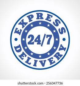 Template emblem 24/7 courier service. Express delivering around the clock logo. Round blue stamp, store, postoffice, restaurant, fastfood or hotline phone brand sign. 24 hours, 7 days a week business.