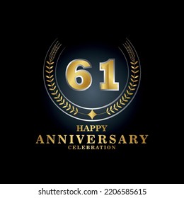 Template emblem 61th years old luxurious anniversary with a frame in the form of laurel branches and the number 61. 61 years anniversary royal logo. Vector illustration Design