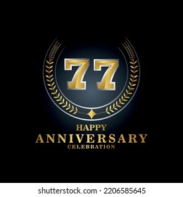 Template emblem 77th years old luxurious anniversary with a frame in the form of laurel branches and the number 77. 77 years anniversary royal logo. Vector illustration Design
