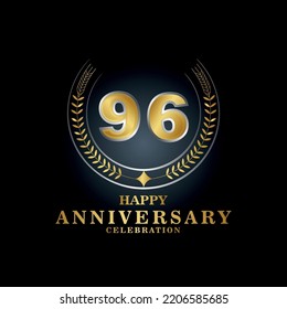 Template emblem 96th years old luxurious anniversary with a frame in the form of laurel branches and the number 96. 96 years anniversary royal logo. Vector illustration Design