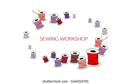 Template for an emblem , logo, multicolored spool of sewing thread. For a sewing workshop, Atelier, handmade workshop, fashion designer, industry, store. Vector illustration hand drawing