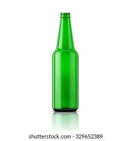 Template of empty beer bottle without cap on white background. Green glass. Vector illustration. Packaging collection.
