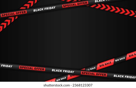 Plantilla de banner negro vacío con cintas de barricadas cruzadas con texto - Viernes Negro, gran venta, oferta especial. Papel de escritorio con franjas de descuento y espacio negro para texto. Marketing, compras en línea