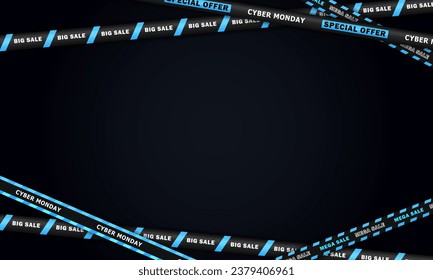 Template of empty black banner with crossed barricade tapes frame for Cyber Monday big sale, special offer. Wallpaper with discount stripes and blank space for text. Marketing, retail, online shopping