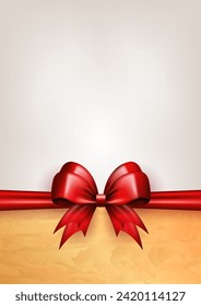 Template of empty card with red realistic 3d bow with silk horizontal ribbon, golden frame border on white background with copy space for text. Banner with scarlet bow knot as holidays gift box decor 