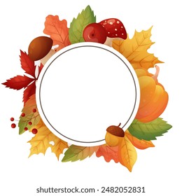 Template, empty fall frame. Leaves and mushrooms. On white background isolated.