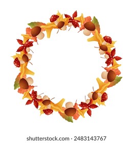 Template, empty fall frame. Leaves and mushrooms. On white background isolated. 
