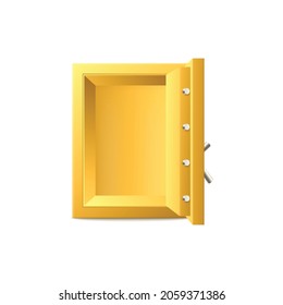 Plantilla de caja fuerte vacía de banco dorado con puerta abierta, ilustración vectorial realista aislada en fondo blanco. Caja de seguridad de metal dorado desbloqueado o caja de seguridad sin dinero.