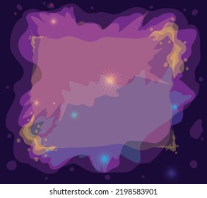 Plantilla con espacio vacío y nubes cósmicas coloridas con estrellas brillantes sobre fondo oscuro.