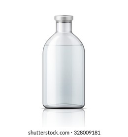 Template Of Empty Transparent Glass Bottle With Aluminium Cap, Filled With Distilled Water Or Salt Solution. Packaging Collection. Vector Illustration. 