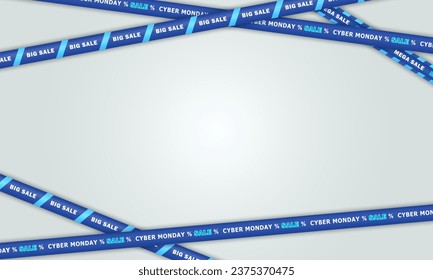 Template of empty white banner with crossed barricade tapes frame for Cyber Monday big sale, special offer. Wallpaper with discount stripes and blank space for text. Marketing, retail, online shopping