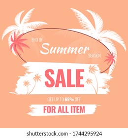 Template of End Summer Season Sale Banner with Get Up Discount for All Item and Exotic Tropical Coconut Tree Element with Brush and Shadow Concept Design