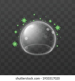 Template of energy force shield bubble reflecting attack of green viruses and bacterias, realistic vector illustration isolated on dark transparent background.