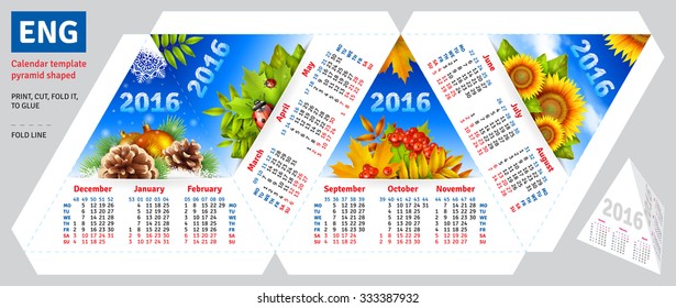 Template english calendar 2016 by seasons pyramid shaped, vector background