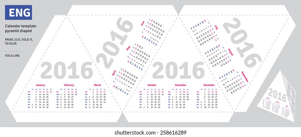 Template English calendar 2016 pyramid shaped, vertical calendar grid 