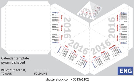 Template english calendar 2016 pyramid shaped, vector