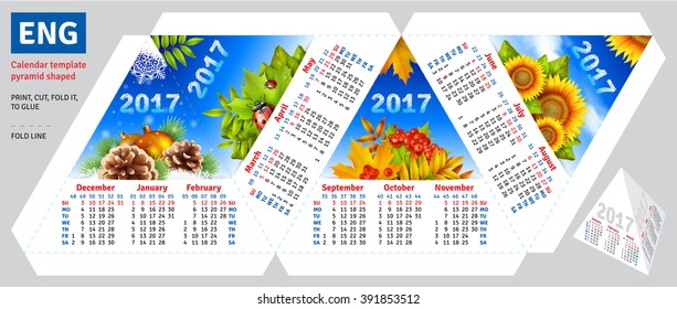 Template english calendar 2017 by seasons pyramid shaped, vector background 
