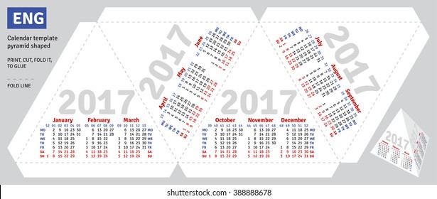 Template english calendar 2017 pyramid shaped, vector