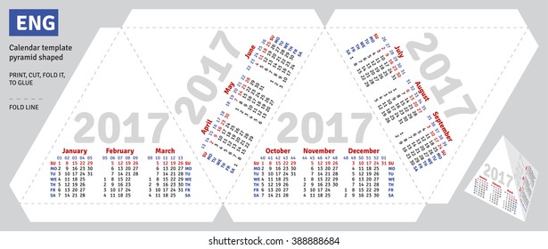 Template english calendar 2017 pyramid shaped, vector