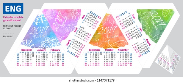Template english calendar 2019 by seasons pyramid shaped, vector watercolor background