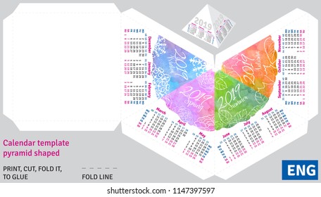 Template english calendar 2019 by seasons pyramid shaped, vector watercolor background