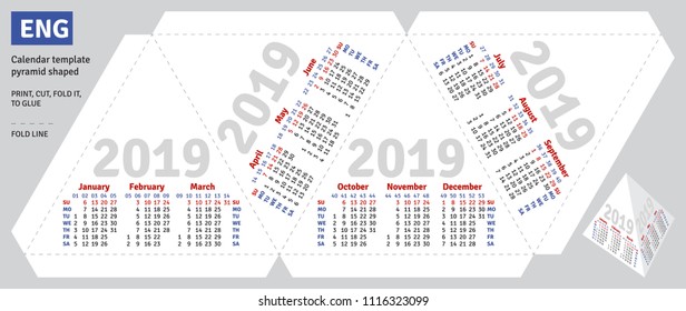Template english calendar 2019 pyramid shaped, vector, isolated object