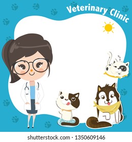 Template to enter text  for a veterinary clinic with a doctor girl and a cute pet as a decoration.