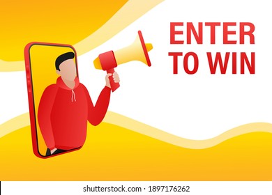 Template with enter to win man holding megaphone on white background for flyer design. Vector illustration in flat style.