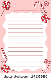 Template for entries lined with caramel, striped red-white candies on a white and pink background. Lollipops and candycane hand drawn with a dark outline. 