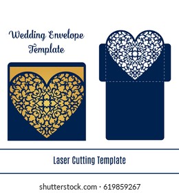 Template - envelope for laser cut. DIY laser cutting envelope with heart. Wedding invitation envelope for cutting machine or laser cutting. Suitable for greeting cards, invitations, menus