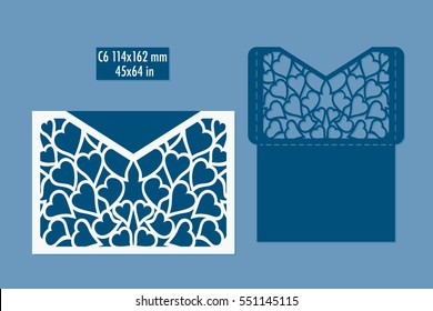 Template - envelope for laser cut with hearts. DIY laser cutting envelope. Wedding invitation envelope for cutting machine or laser cutting. Suitable for greeting cards, invitations, menus..