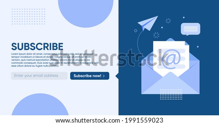 Template envelope with the subscribe button. For email marketing with an open envelope. Blue colors. Horizontal banner.