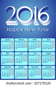 Template european calendar 2016 in vector. Happy New year!