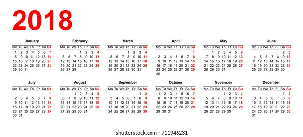 Template - European calendar grid 2018 in vector