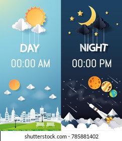 Template Events Poster day and night design in sky background and galaxy background. Vector Illustration. Paper art carving.
