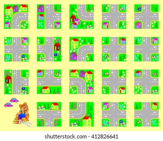 Template with exercise for children. Cut the squares, make your own village with roads and drive by toy cars. Developing skills for cutting and handwork. Vector image.