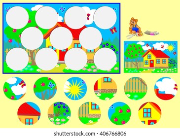 Template with exercise for children. Need to cut the circles and glue them in relevant places. Developing skills for handwork. Vector image.