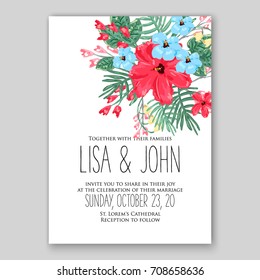 Template exotic floral wreath wedding or bridal shower invitation card of tropical red hibiscus