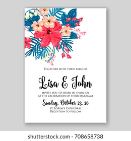 Template exotic floral wreath wedding or bridal shower invitation card of tropical red hibiscus