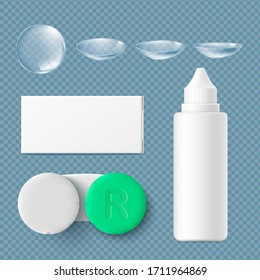 Template of eye contact lenses elements for cleaning and storage realistic vector illustration isolated on transparent background. Mockup for optometrist store or clinic.