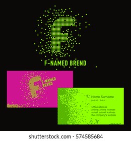 Template F brand name -Company. Corporate identity for the company on the letter F: logo, business card. Creative logo of pixels consists of particles letter F