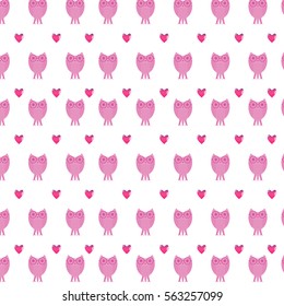 Template for fabric or wrapping paper filled with hearts and owls. Vector illustration. Seamless