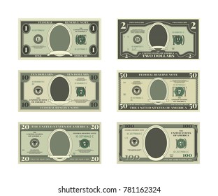 Template of fake money. Vector pictures of dollars cash money, finance banknote illustration