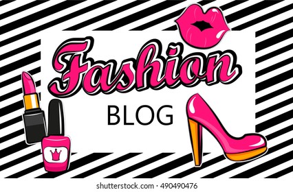 Template for fashion blog with stylish patch badges with lips, . Set of fashion stickers, icons, patches in 80s-90s comic cartoon style. Geometric background. Vector illustration.