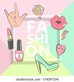 Template for fashion with stylish patch badges with lips, hearts, speech bubbles. Set of fashion stickers, icons, patches in 80s-90s comic cartoon style. Geometric background. Vector illustration.