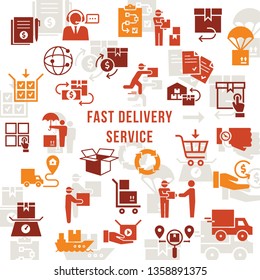Template fast delivery logistic set in flat style. Vector icons for web, infographic or print. Baggage trolley vector, route, cash, 24 hours, sea shipping, cargo container, car delivery, warehouse.