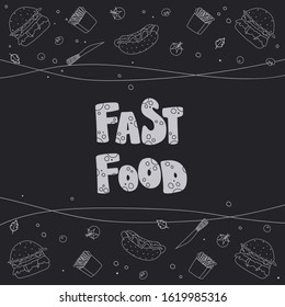 
Template for fast food menu, bistro and restaurants. Vector illustration of burgers, hot dogs and french fries on a black background.