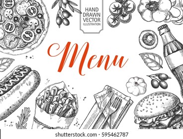 Template of fast food menu design with burger, pizza, hot dog, drinks and other fast food menu items. Cover of restaurant or cafe menu design