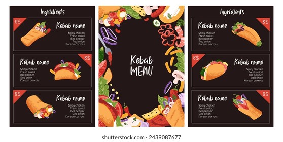 Template of Fastfood restaurant menu set. Presentation of shawarmas with prices, ingredients for sale. Design of cover, pages of fast food cafe. Promotion of doner kebab. Flat vector illustration